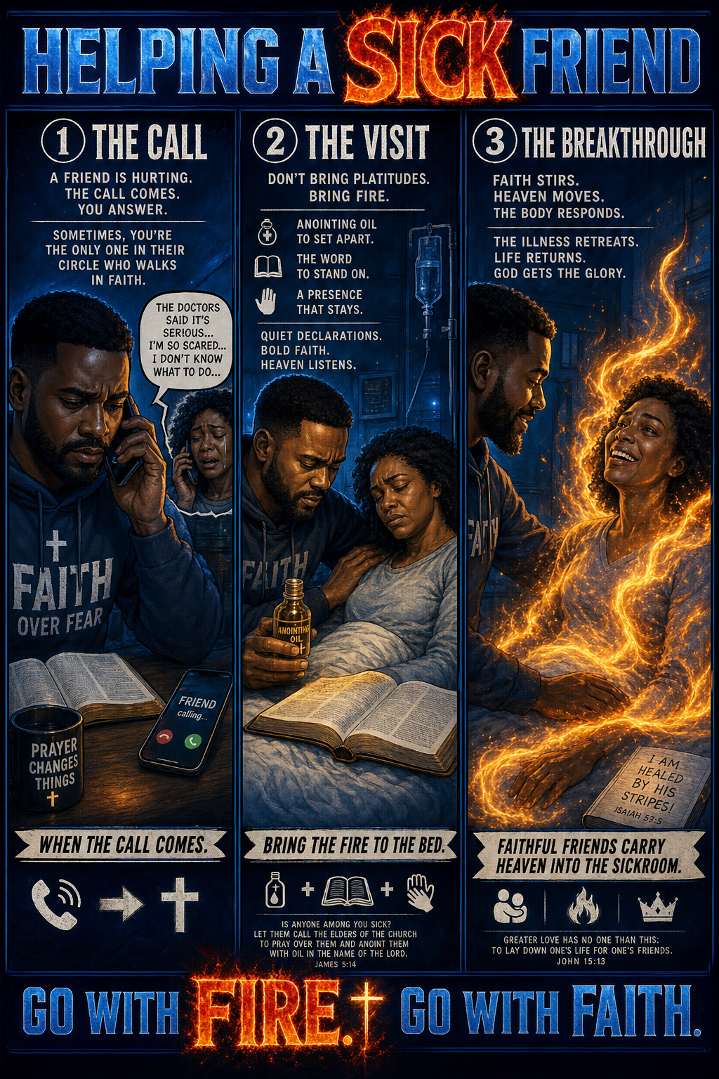 Three-panel cinematic biblical comic. Title bar: HELPING A SICK FRIEND. 1. THE CALL — a believer's phone rings; a friend has been diagnosed with a serious illness, weeping on the other end; the believer is the only one in the friend's circle who walks in faith. 2. THE VISIT — the believer arrives at the friend's bedside; not platitudes but fire: anointing oil, open Bible, steady hand; quiet declarations begin. 3. THE BREAKTHROUGH — the friend's body responds, illness retreating as holy fire wraps around their body; the friend's face brightens, healing manifesting; the believer stays present. Footer bar: GO WITH FIRE. GO WITH FAITH.