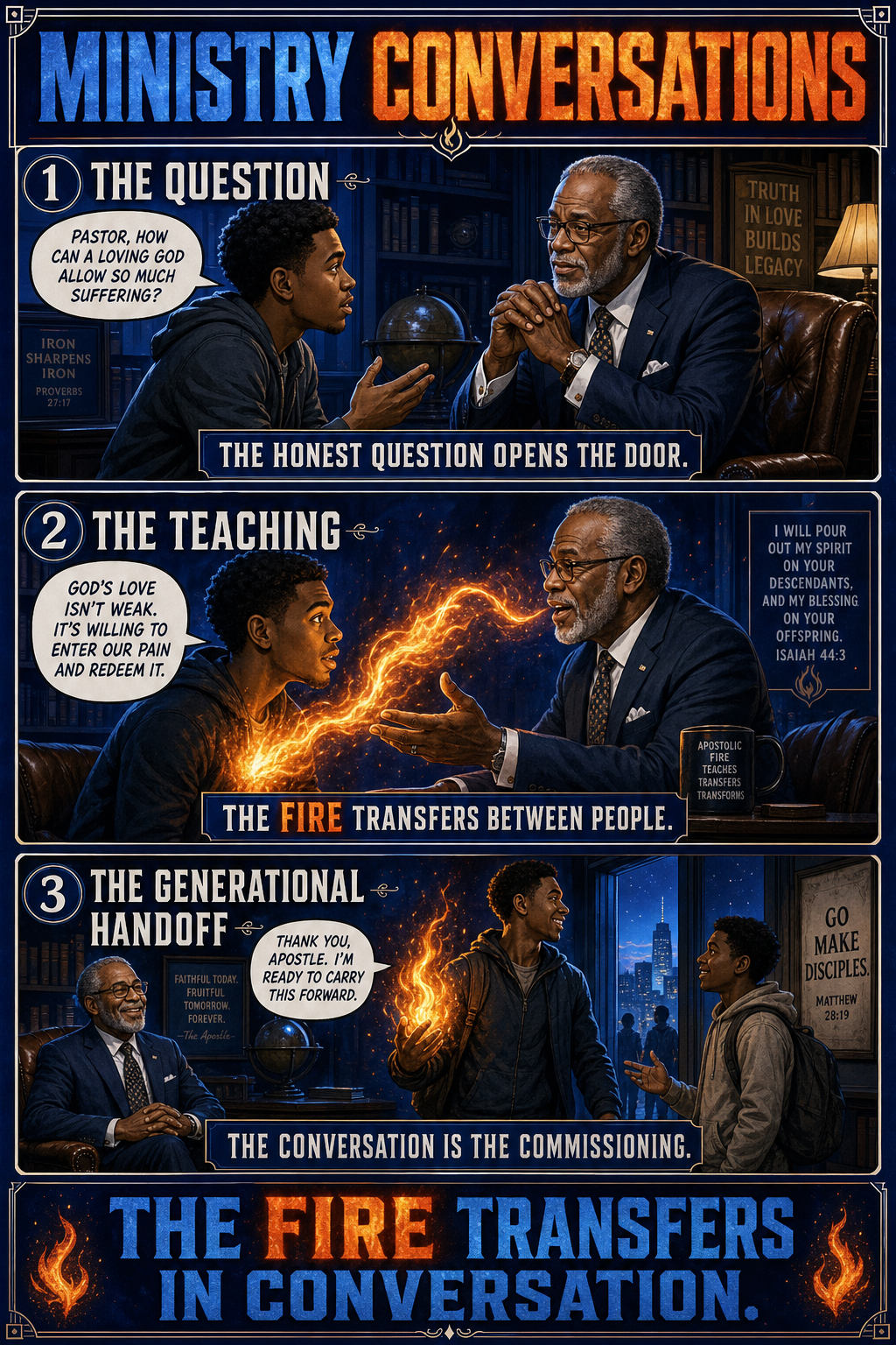 Three-panel cinematic biblical comic. Title bar: MINISTRY CONVERSATIONS. 1. THE QUESTION — a seeker sits across from an older apostolic teacher (distinguished older Black male preacher figure, suit and glasses); the seeker asks an honest hard question; THE HONEST QUESTION OPENS THE DOOR banner. 2. THE TEACHING — the apostolic teacher answers — not lecturing, transferring; holy fire visibly flows from his hand or breath to the seeker as he speaks; the seeker leans in, eyes brightening. 3. THE GENERATIONAL HANDOFF — the seeker stands up changed, carrying a flame of his own; walks out toward the next seeker waiting; the apostle smiles, the lineage continues. Footer bar: THE FIRE TRANSFERS IN CONVERSATION.