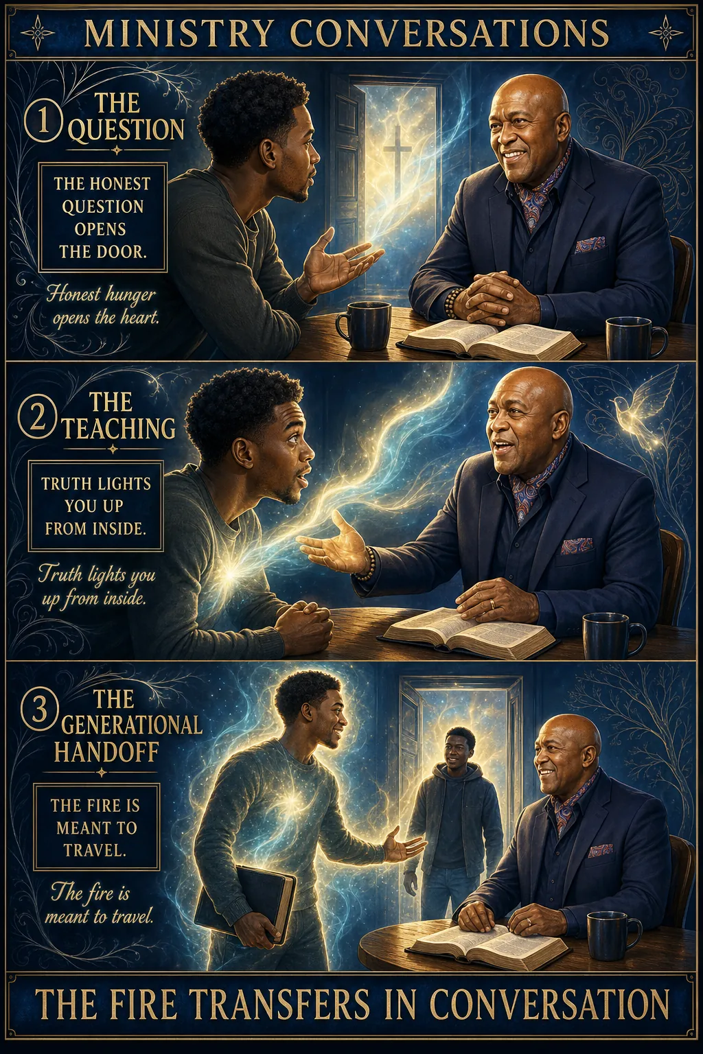 Three-panel cinematic biblical comic. Title bar: MINISTRY CONVERSATIONS. 1. THE QUESTION — a seeker sits across from an older apostolic teacher (distinguished older Black male preacher figure, suit and glasses); the seeker asks an honest hard question; THE HONEST QUESTION OPENS THE DOOR banner. 2. THE TEACHING — the apostolic teacher answers — not lecturing, transferring; holy fire visibly flows from his hand or breath to the seeker as he speaks; the seeker leans in, eyes brightening. 3. THE GENERATIONAL HANDOFF — the seeker stands up changed, carrying a flame of his own; walks out toward the next seeker waiting; the apostle smiles, the lineage continues. Footer bar: THE FIRE TRANSFERS IN CONVERSATION.