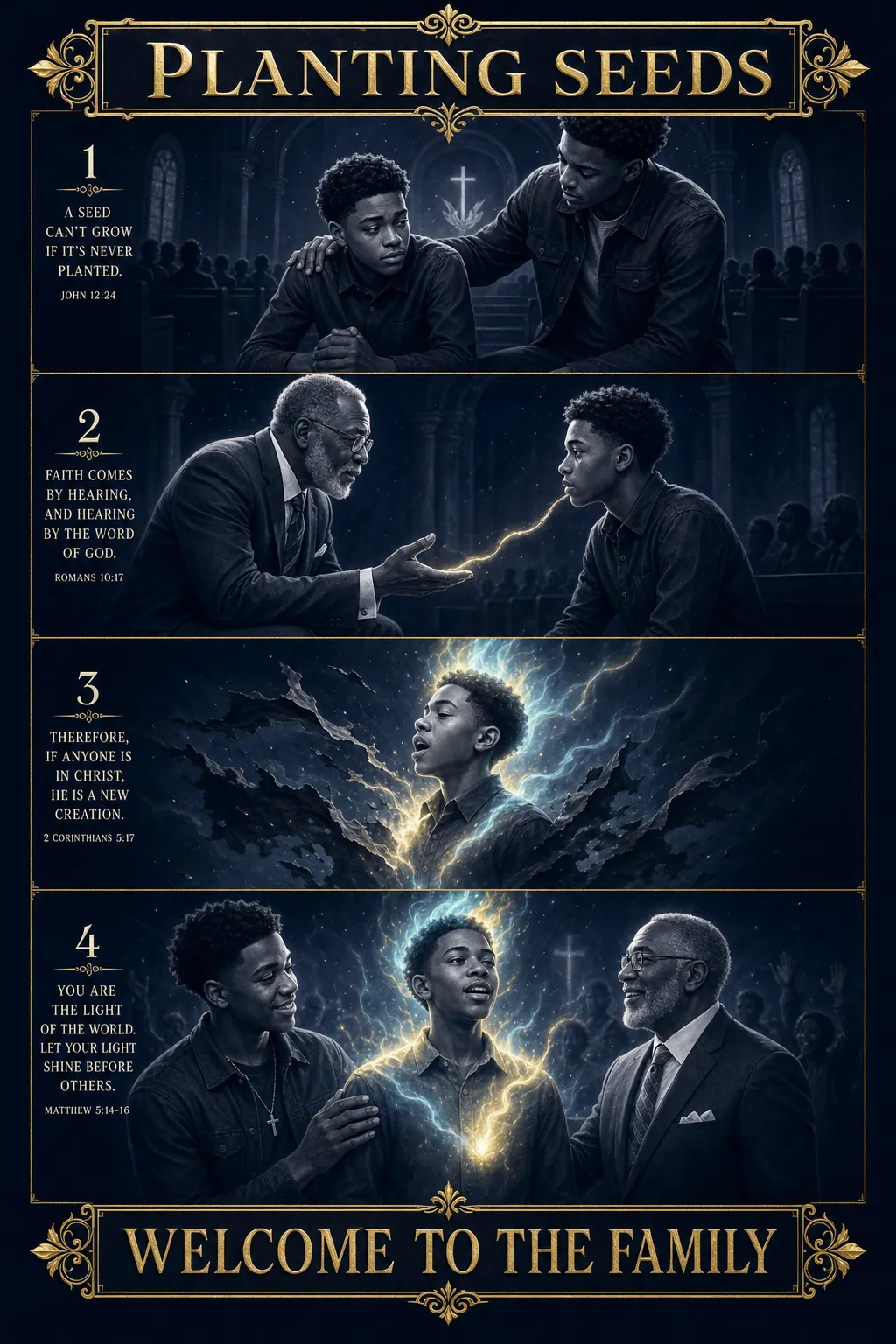 Cinematic biblical comic in deep royal-navy and holy-white linework, sacred pale-gold and cyan ethereal glow (never orange flame). Four vertical panels. 1. THE FRONT ROW: a fifteen-year-old boy sits at the front of a dark sanctuary, guarded and unsure; his older brother's hand rests on his shoulder; banner BROUGHT TO THE FRONT. 2. THE HONEST DOOR: a distinguished older Black apostolic preacher in a suit kneels to the boy's eye level, one hand open, telling his own story; a thin thread of pale-gold light begins to pass between them; banner IF HE'S REAL, HE'LL SHOW YOU. 3. THE CHOICE: the boy opens his mouth to speak; the darkness clinging to him tears away like torn cloth; the pale-gold-and-cyan fire settles on his head; banner ALL YOU GOTTA DO IS SAY IT. 4. THE FAMILY: the boy stands up new, a small flame of his own resting on him, his brother beside him, the apostle smiling; banner WELCOME TO THE FAMILY.
