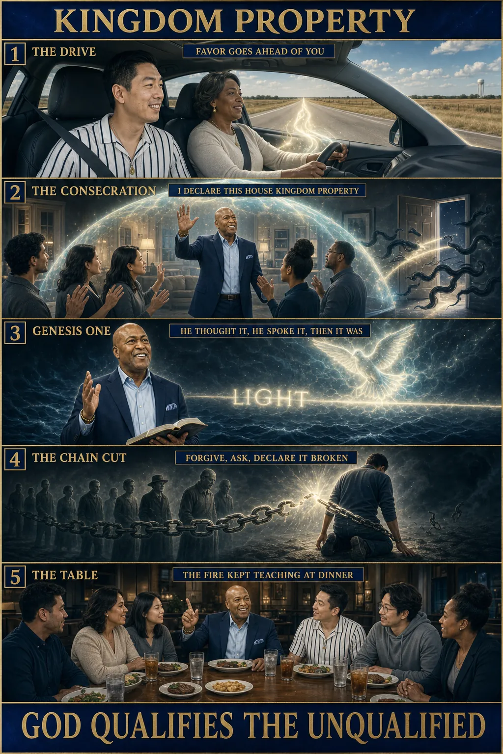 Five-panel cinematic biblical comic, vertical stack. Deep royal navy and sapphire backgrounds, holy white linework, soft pale-gold-and-cyan mystical holy light (not orange-red flame; light not heat; what spiritual eyes see). Bold sapphire-and-pale-gold title bar: KINGDOM PROPERTY. 1. THE DRIVE: interior of a car on a Texas highway at midday; an elegant Black woman elder in her fifties drives while Gary Sheng (East Asian Chinese-American man, 33, short dark hair brushed up, clean-shaven, smart-casual, small fiery-dove pendant, never a cross necklace) listens from the passenger seat; a pale-gold ribbon of light runs ahead of the car down the road; banner FAVOR GOES AHEAD OF YOU. 2. THE CONSECRATION: Apostle Delmar Coward Jr. (distinguished Black male preacher, mid-60s to early 70s, bald closely-shaved head, completely clean-shaven with no beard and no mustache, warm smile, tailored navy blazer, beaded bracelet on left wrist) stands in the middle of a modest family living room with one hand raised; a translucent dome of pale-gold-and-cyan light seals the whole house from the foundation to the roofline; dark serpentine shapes flee out through the doorway; banner I DECLARE THIS HOUSE KINGDOM PROPERTY. 3. GENESIS ONE: the Apostle teaching with an open Bible while behind him the formless deep is shown as a dark ocean with the Spirit hovering over the face of the waters as a pale-gold-and-cyan brooding light, and a spoken word crossing the dark like a line of light; banner HE THOUGHT IT, HE SPOKE IT, THEN IT WAS. 4. THE CHAIN CUT: a kneeling man with a long chain of ancestral figures behind him; the chain is severed by a stroke of pale-gold light and the far end falls away into darkness; banner FORGIVE, ASK, DECLARE IT BROKEN. 5. THE TABLE: a long steakhouse table at night, seven people around it eating dinner, the Apostle mid-teaching with one finger raised, Gary listening and taking it in, steak plates with PLAIN WATER GLASSES AND ICED TEA GLASSES ONLY (hard negative: no alcohol, no wine, no stemware anywhere in this image), warm pale-gold light pooled over the table like a small sanctuary; banner THE FIRE KEPT TEACHING AT DINNER. Bold sapphire-and-pale-gold footer bar: GOD QUALIFIES THE UNQUALIFIED.
