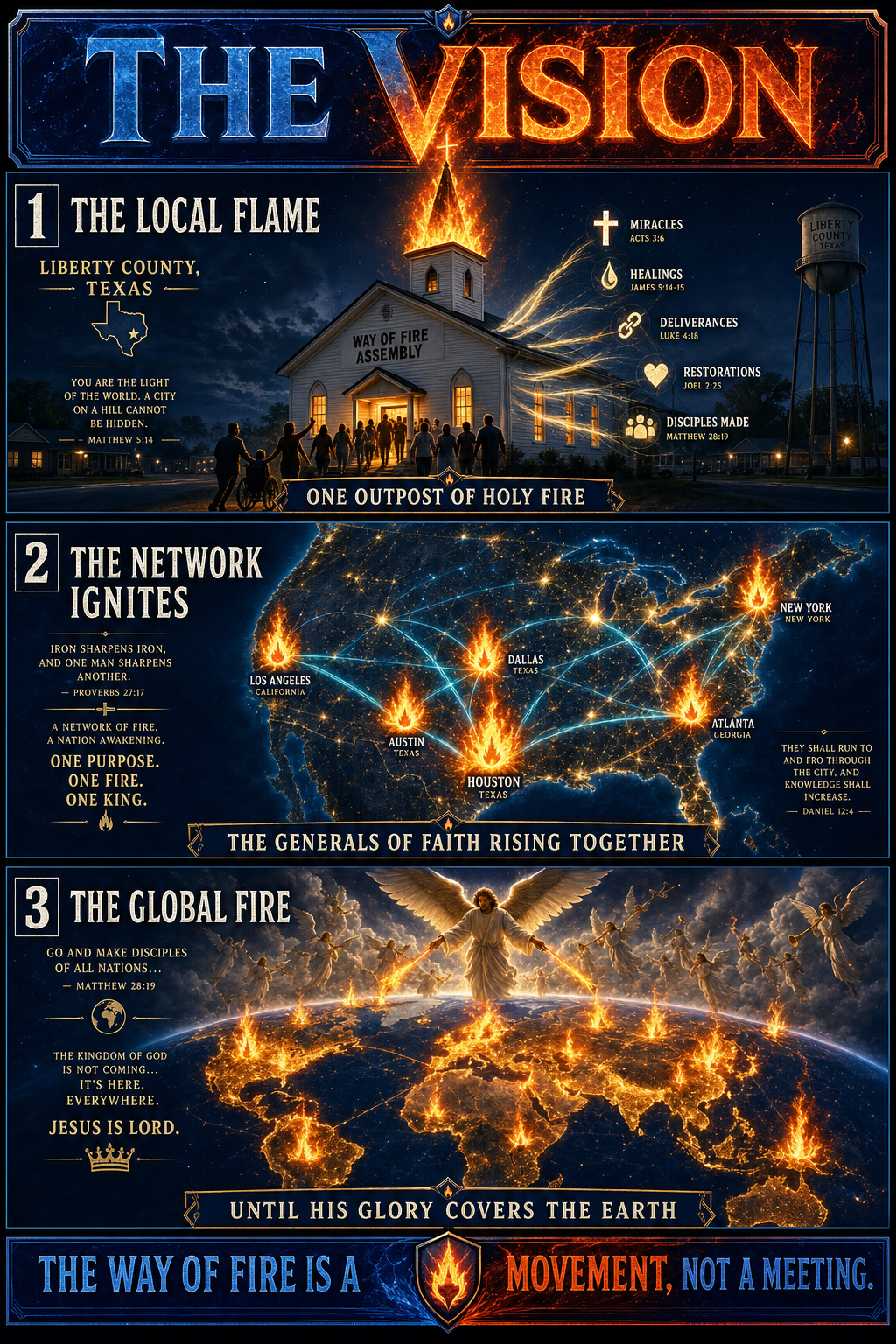 Three-panel cinematic biblical comic. Title bar: THE VISION. 1. THE LOCAL FLAME — a single church building in Liberty County Texas with holy fire burning atop its roof; miracles, healings, deliverances flowing out of its doors; ONE OUTPOST OF HOLY FIRE banner. 2. THE NETWORK IGNITES — satellite view of the United States with multiple holy-fire flames lighting up city by city; cyan-gold threads linking them as a fire-network; THE GENERALS OF FAITH RISING TOGETHER. 3. THE GLOBAL FIRE — zoom to the world from space, holy fire spreading across continents; an angelic host fanning the flames; the kingdom breaking in everywhere. Footer bar: THE WAY OF FIRE IS A MOVEMENT, NOT A MEETING.
