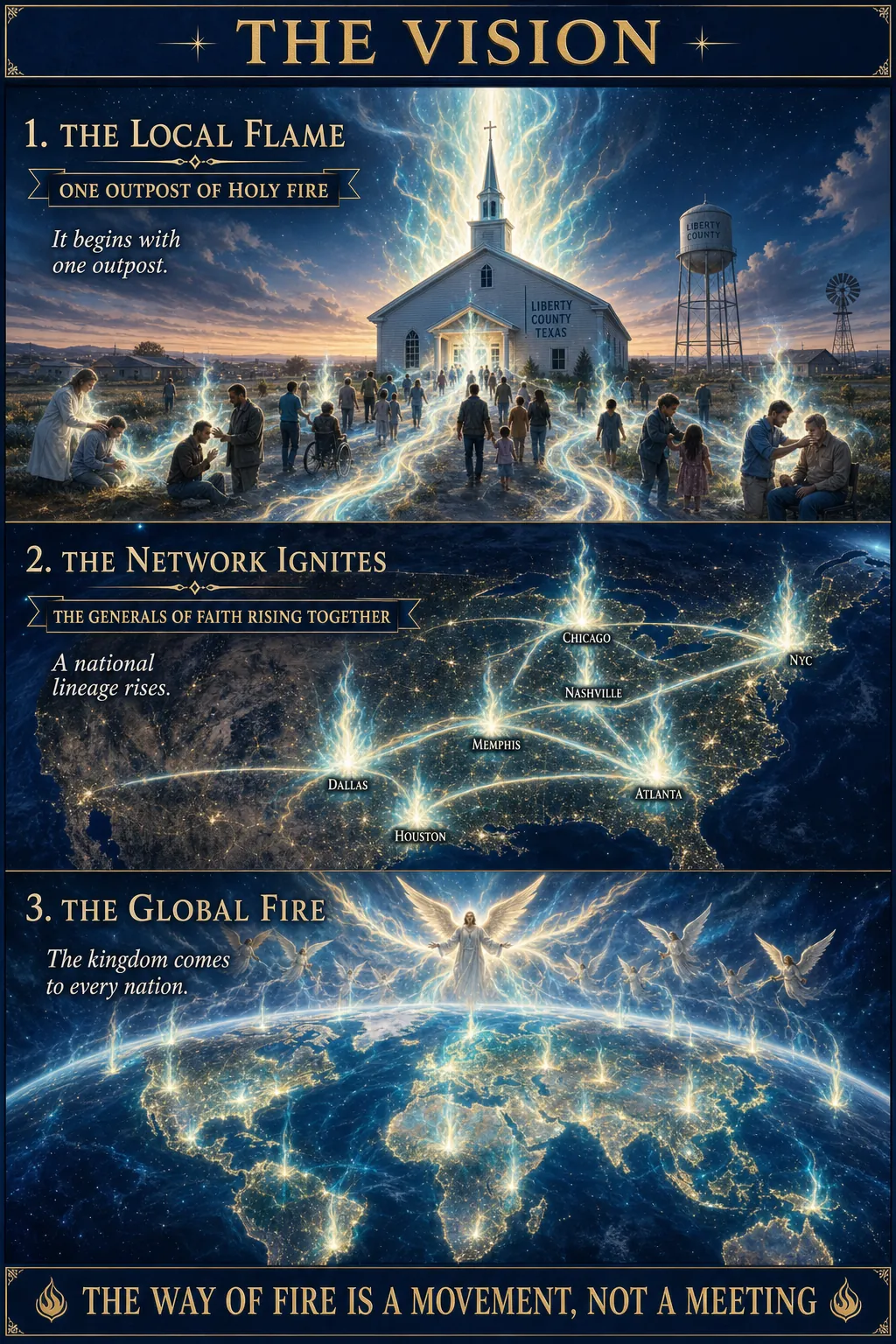 Three-panel cinematic biblical comic. Title bar: THE VISION. 1. THE LOCAL FLAME — a single church building in Liberty County Texas with holy fire burning atop its roof; miracles, healings, deliverances flowing out of its doors; ONE OUTPOST OF HOLY FIRE banner. 2. THE NETWORK IGNITES — satellite view of the United States with multiple holy-fire flames lighting up city by city; cyan-gold threads linking them as a fire-network; THE GENERALS OF FAITH RISING TOGETHER. 3. THE GLOBAL FIRE — zoom to the world from space, holy fire spreading across continents; an angelic host fanning the flames; the kingdom breaking in everywhere. Footer bar: THE WAY OF FIRE IS A MOVEMENT, NOT A MEETING.
