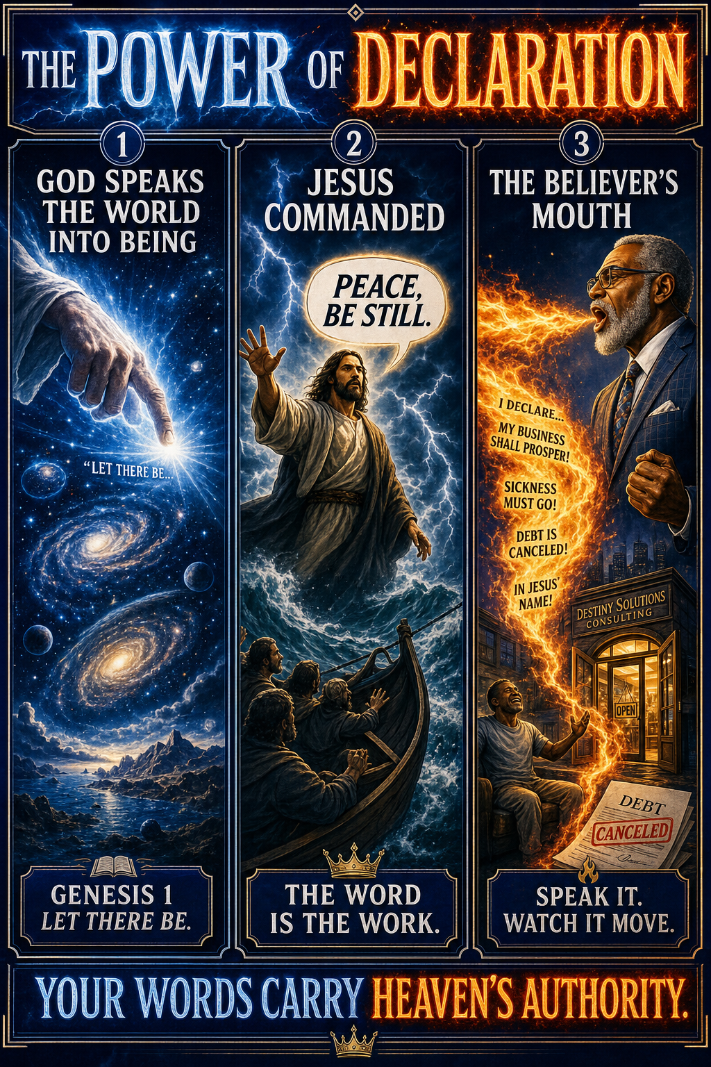 Three-panel cinematic biblical comic. Title bar: THE POWER OF DECLARATION. 1. GOD SPEAKS THE WORLD INTO BEING — the hand of God speaking light into formless void, stars and galaxies forming from spoken word; GENESIS 1 · LET THERE BE banner. 2. JESUS COMMANDED — Jesus before the storm at sea raising his hand, speaking PEACE BE STILL — the wind and waves obeying his word; THE WORD IS THE WORK. 3. THE BELIEVER'S MOUTH — a modern believer (older distinguished Black male preacher figure) speaks faith aloud; words come out as visible holy fire, descending onto a situation in his life (closed door opening, sick body healing, debt cancelled). Footer bar: YOUR WORDS CARRY HEAVEN'S AUTHORITY.