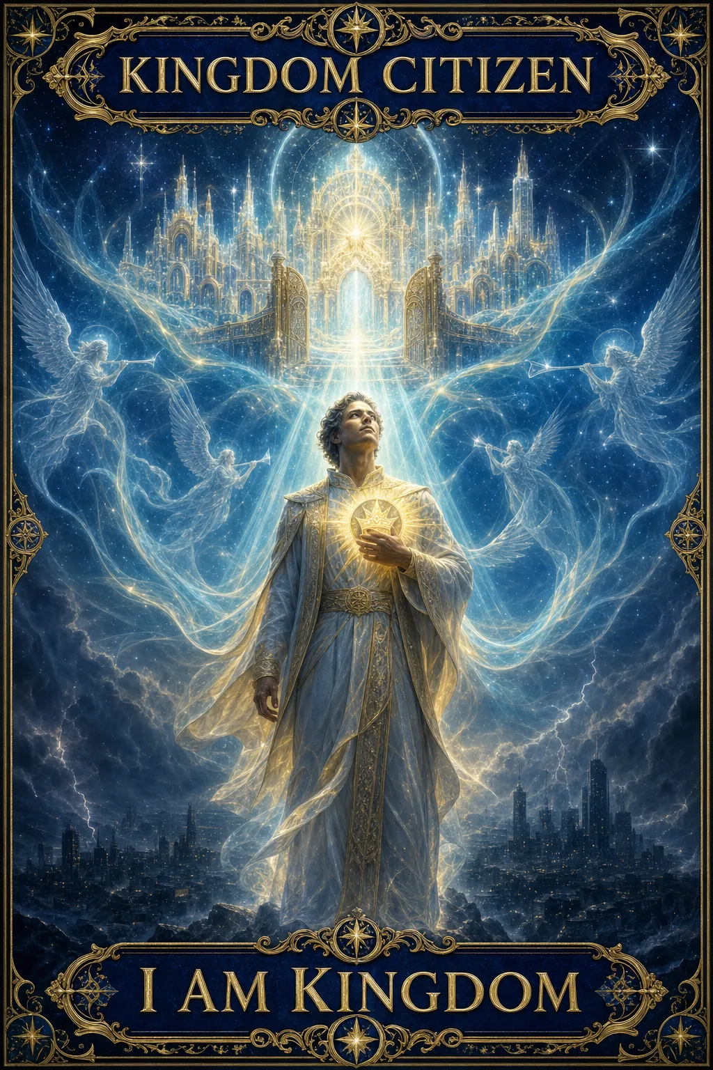 Cinematic biblical concept poster in an ornate gold filigree frame, deep royal navy and pale-gold palette with cyan mystical light. Gold title bar reading KINGDOM CITIZEN. A lone believer in luminous robes stands upright above a dark earthly world, a golden seal of the Kingdom glowing over the heart, the radiant heavenly city and streaming light behind, faint angels loosed around. Gold footer bar: I AM KINGDOM.