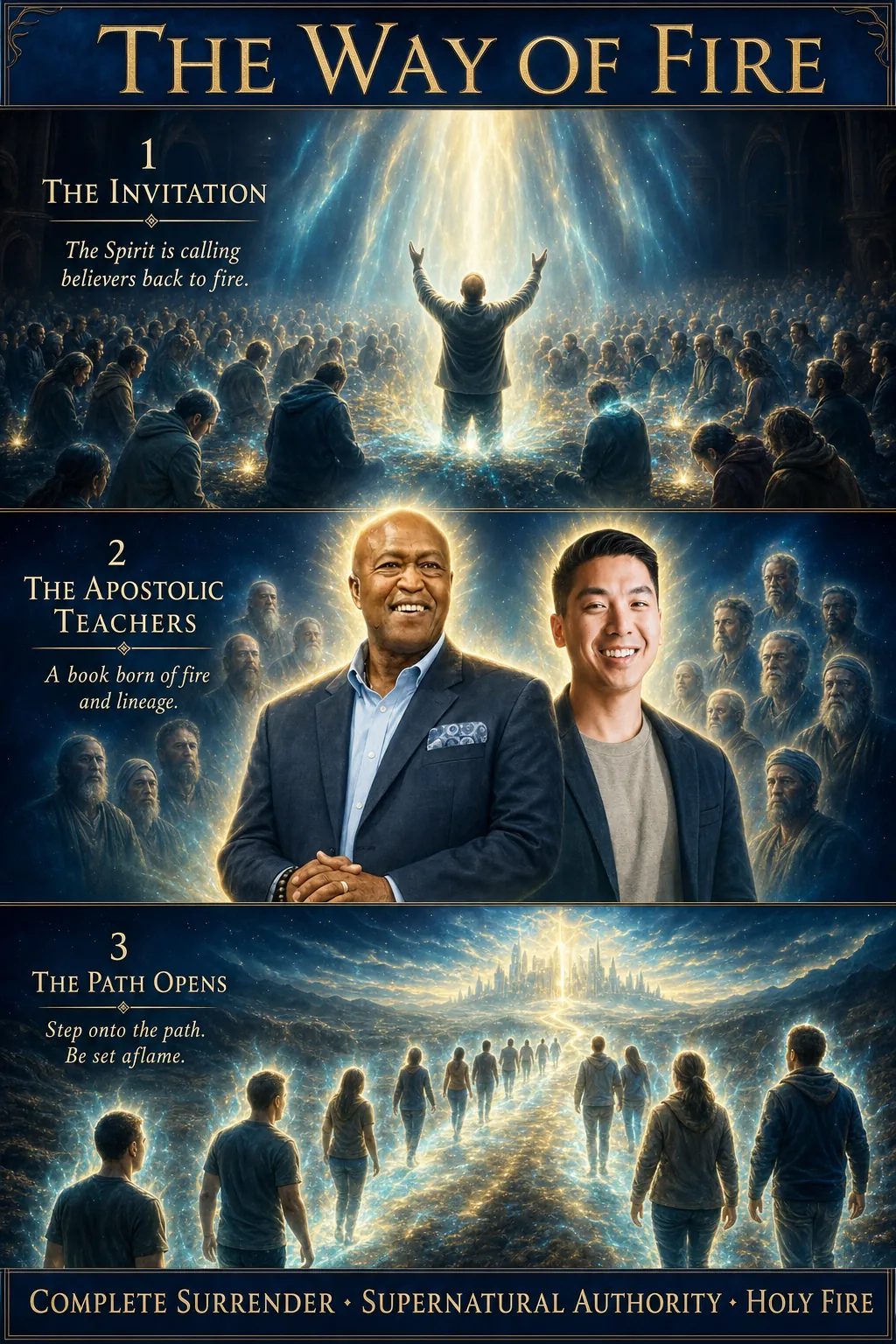 Three-panel cinematic biblical comic. Title bar: THE WAY OF FIRE. 1. THE INVITATION. 2. THE APOSTOLIC TEACHERS. 3. THE PATH OPENS. Footer bar: COMPLETE SURRENDER. SUPERNATURAL AUTHORITY. HOLY FIRE.