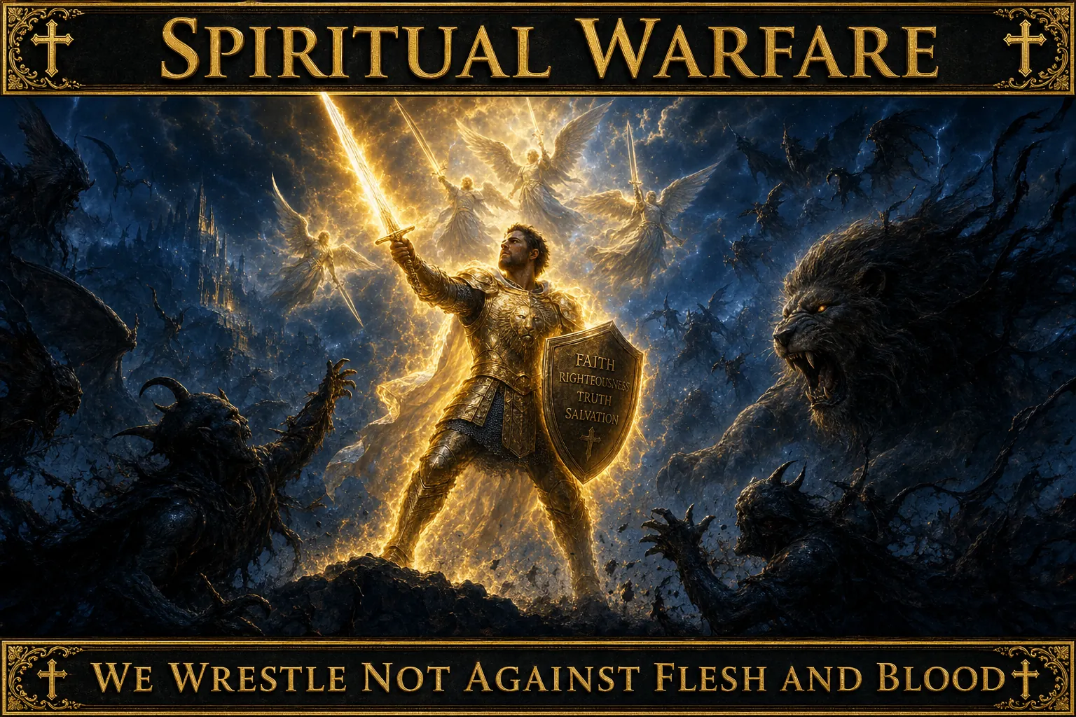 Cinematic biblical concept poster, deep midnight-blue and gold palette with holy-fire orange glow. Ornate gold title bar with cross flourishes reading SPIRITUAL WARFARE. A believer standing firm in the full armor of God made of holy light and fire, raising the shining sword of the Spirit, unshaken, while cold dark principalities and a shadowy roaring-lion adversary recoil and flee from the holy fire; a deep-blue battlefield of the heavens, gold light breaking the darkness (Ephesians 6). Gold footer bar: WE WRESTLE NOT AGAINST FLESH AND BLOOD.