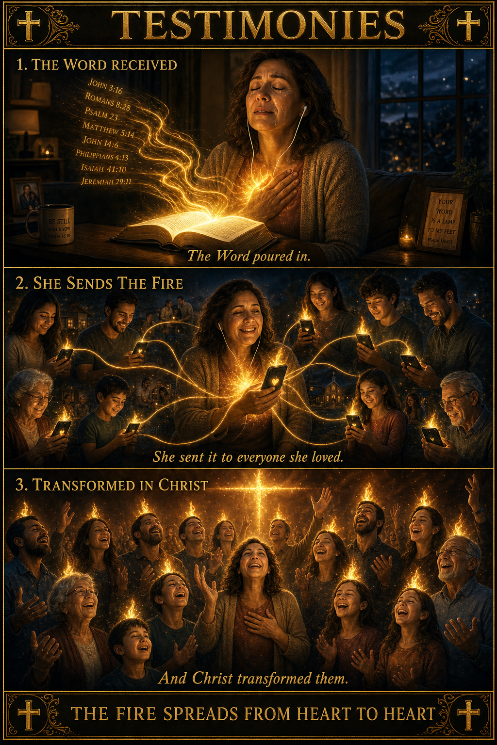 Three-panel cinematic biblical comic. Title bar: TESTIMONIES. 1. THE WORD RECEIVED β a woman listening through earbuds to a glowing open book, holy fire kindling in her chest, tears of awe, the chapters pouring in as golden light. 2. SHE SENDS THE FIRE β she sends it to everyone she loves; family and friends of all ages each receive a personal flame through their glowing phones, holy fire passing heart to heart. 3. TRANSFORMED IN CHRIST β the family gathered, each crowned with a Pentecost flame, hands lifted in worship, a cross of light above. Footer bar: THE FIRE SPREADS FROM HEART TO HEART.