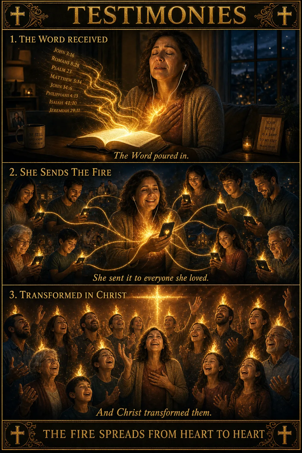 Three-panel cinematic biblical comic. Title bar: TESTIMONIES. 1. THE WORD RECEIVED β a woman listening through earbuds to a glowing open book, holy fire kindling in her chest, tears of awe, the chapters pouring in as golden light. 2. SHE SENDS THE FIRE β she sends it to everyone she loves; family and friends of all ages each receive a personal flame through their glowing phones, holy fire passing heart to heart. 3. TRANSFORMED IN CHRIST β the family gathered, each crowned with a Pentecost flame, hands lifted in worship, a cross of light above. Footer bar: THE FIRE SPREADS FROM HEART TO HEART.